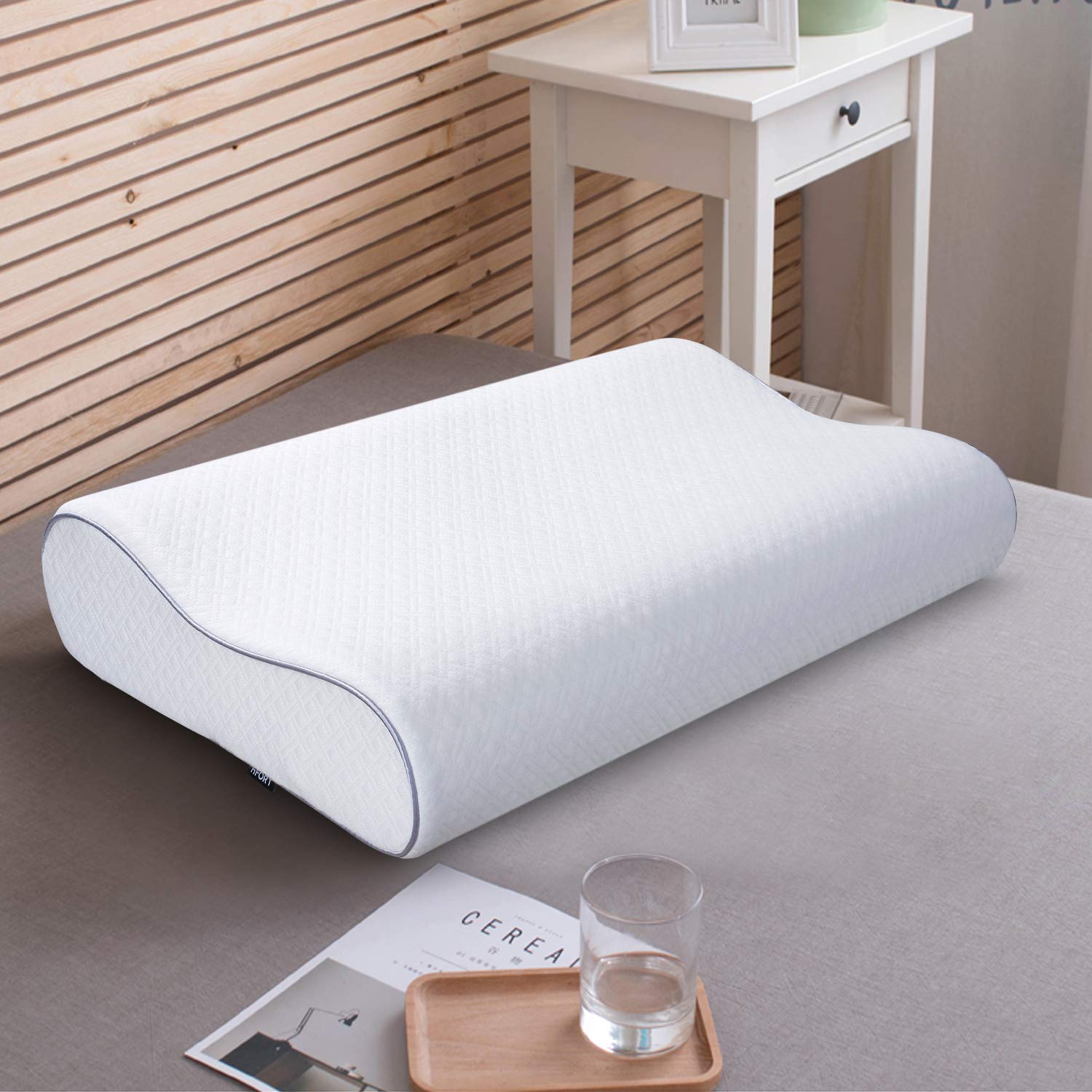 HIFORT Memory Foam Pillow, Cervical Support Neck Pain Relief with Removable Hypoallergenic Case, Adjustable Contour Bamboo Pillow for Side Back Stomach Sleeper, Standard Size