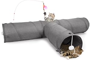 Ownpets Cat Tunnel, 3 Way Collapsible Kitty Tunnel 47 inch Long Cat Tube with Plush Ball & Feather Toy, Large Cat Play Tunnel for Indoor Cat, Kitten, Puppy, Rabbit,and Mongoose