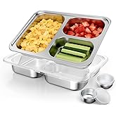 Bakpoco Stainless Steel Divided Plate for Kids Toddler, Non Toxic Portion Control Plate Dinner Plate with Lid for Adults Weight Loss, 2 Pack 3 Sections Rectangular Snack Plate Tray