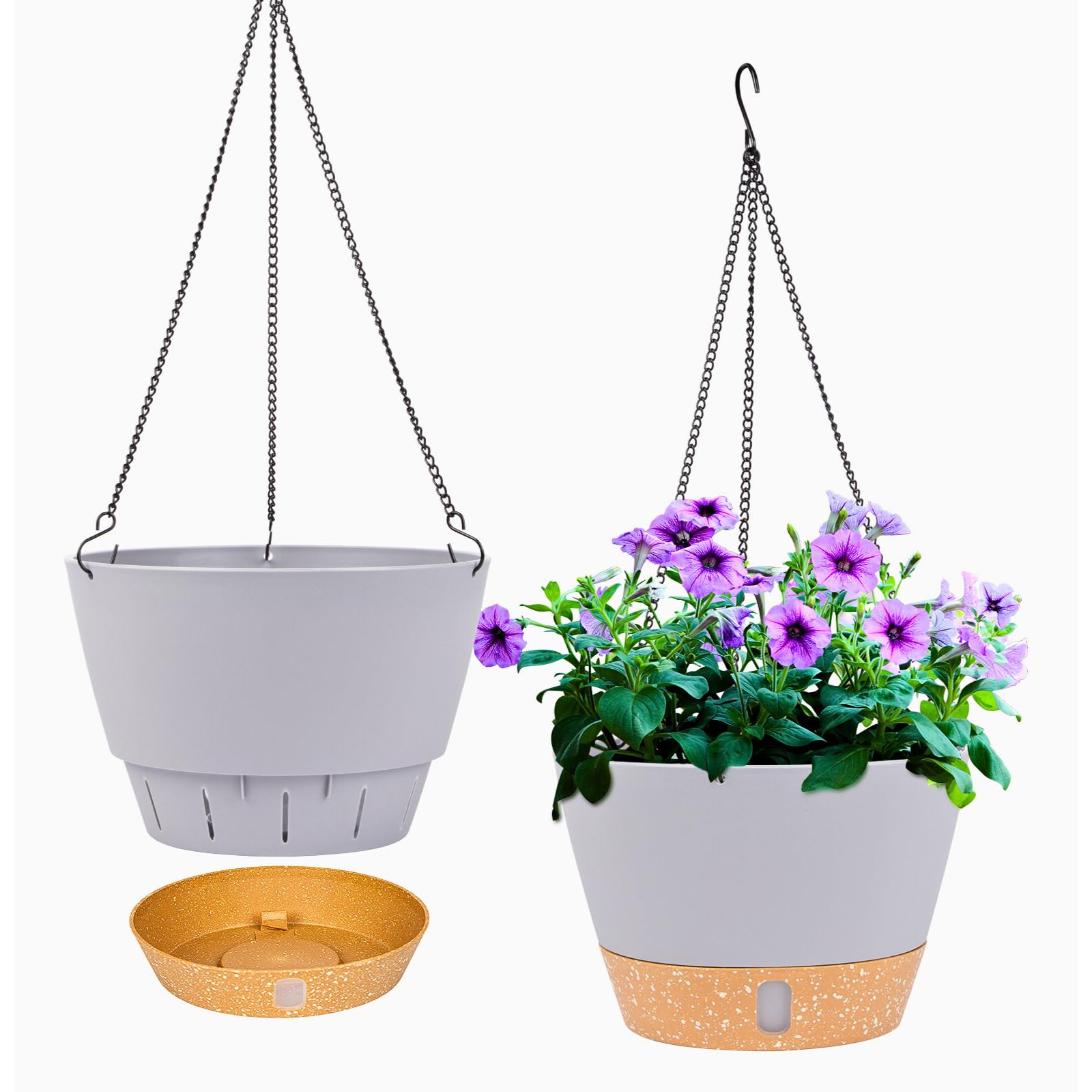 QCQHDU 2 Pack Hanging Planters Set, 25.4cm Indoor Outdoor Hanging Plant Pot Basket,Hanging Flower Pot with Drainage Hole with 3 Hooks for Garden Home(Light Grey)