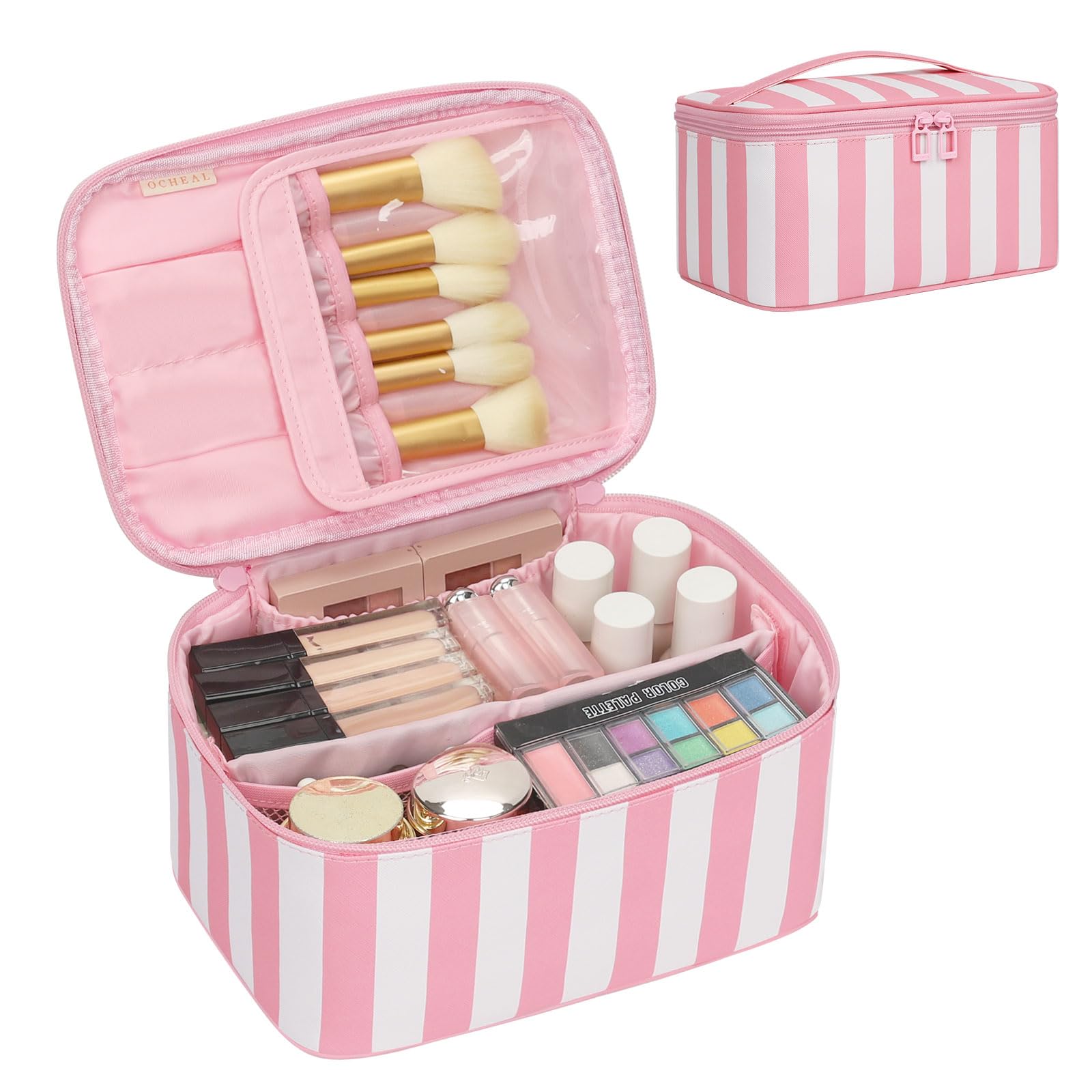 Photo 1 of OCHEAL Makeup Bag,Travel Makeup Organizer Bag, Large Capacity Cosmetic Bags For Women Large Travel Toiletry Bag Girls Traveling With Brush Slot And Divider-Stripes Pink