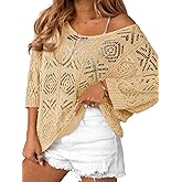 Saodimallsu Womens Crochet Cover Up Top Summer 3/4 Sleeve Off Shoulder Sweater Shirts Mesh Boho Beach Swimsuit Coverup