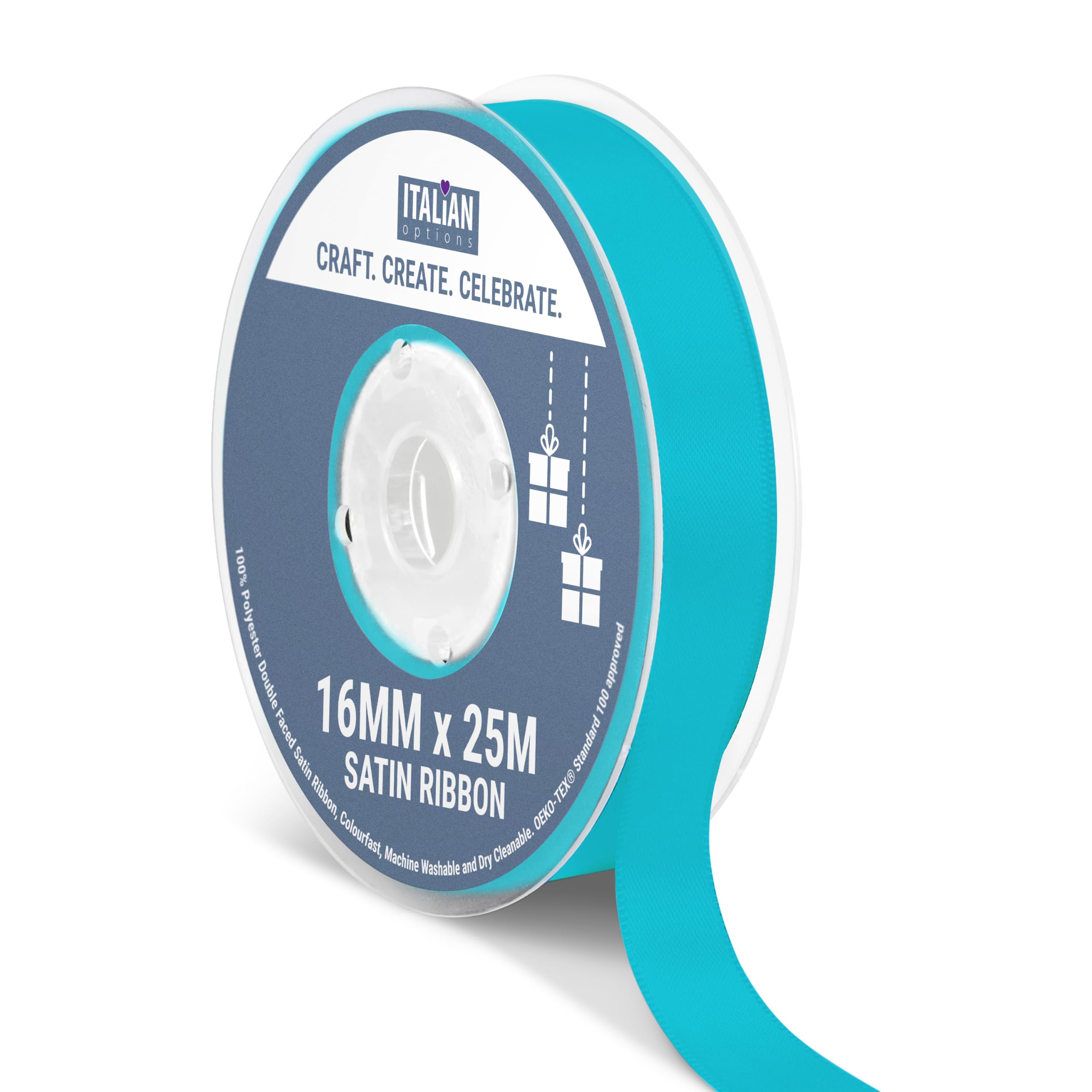 Italian Options Satin Ribbon, Fabric Ribbons for Gift Wrapping, Crafting, Balloons, Wedding Car, Presents, Cake, Christmas, Birthday, Gift Wrap Accessories, 16mm Wide x 25 Metre Roll, Turquoise