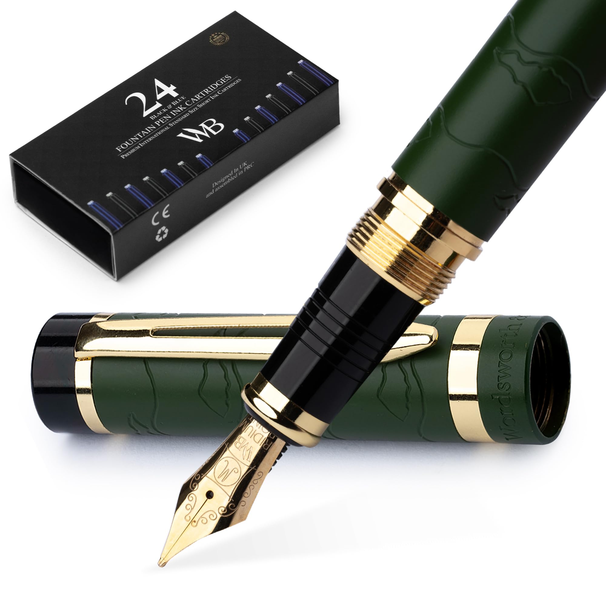 Wordsworth & Black Primori Fountain Pen Set [Green Gold]; Medium Nib, Gift Case, 24 Ink Cartridges, Refill Converter, Manual; Journaling, Calligraphy, Smooth Writing Pens; Left and Right Handed