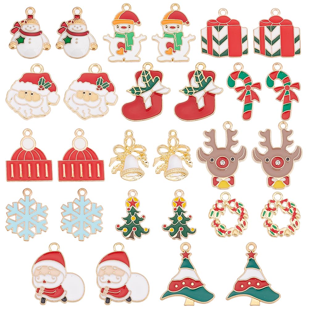 SUNNYCLUE 1 Box 56Pcs 14 Styles Christmas Charms Bulk Xmas Charm Winter Wreath Snowman Snowflake Tree Santa Claus Holiday Candy Cane Charm for jewellery Making Charms DIY Necklace Earring Adults Craft