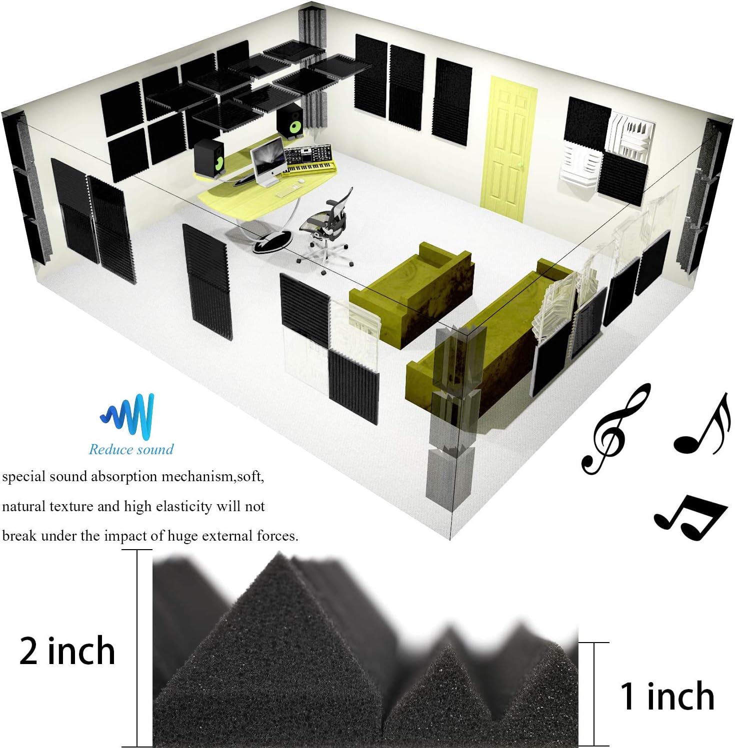 YWSHUF Acoustic Panels Absorption Pyramid Studio Foam Sound Proof ...