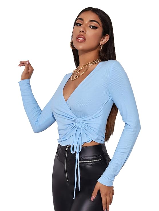 Buy SOLY HUX Women's V Neck Ruched Tie Front Long Sleeve Ribbed Knit Crop Top T Shirt Blue S at 