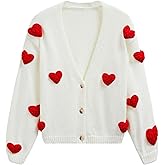 CHICWISH Women 3D Heart Open Front Cardigan Sweaters V-Neck Casual Button-Up Long Sleeve Cropped Knit Cardigan