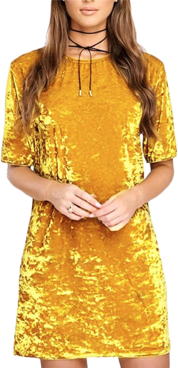 Bawar Damen Samtkleider Mini Cocktailkleid Kurzarm Abendkleid A-Linie T-Shirt Partykleid