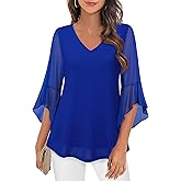 Lotusmile Women's Fancy Blouses Double Layers Mesh Dressy Tops 3/4 Ruffle Bell Sleeve Shirts