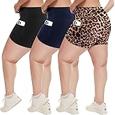 HLTPRO 3 Pack Plus Size Biker Shorts with Pockets for Women (S-4XL)- 8"/5"/3" High Waist Tummy Control Shorts for Yoga