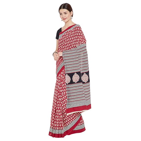 Finest Quality Cotton - Handmade Bagh print Red and Black- Block Print Saree with Blouse Piece RDSNSA0114