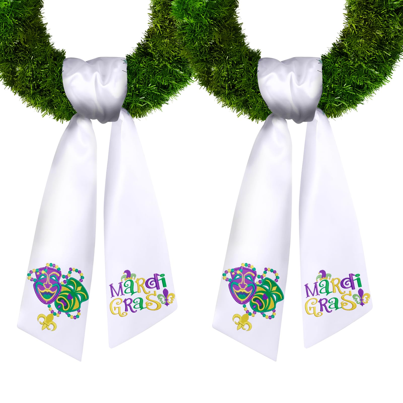 Photo 1 of 2 Pieces Mardi Gras Wreath Sash for Front Door, Fat Tuesday Sash White Satin Wreath Accessories for Mardi Gras Decorations Supplies