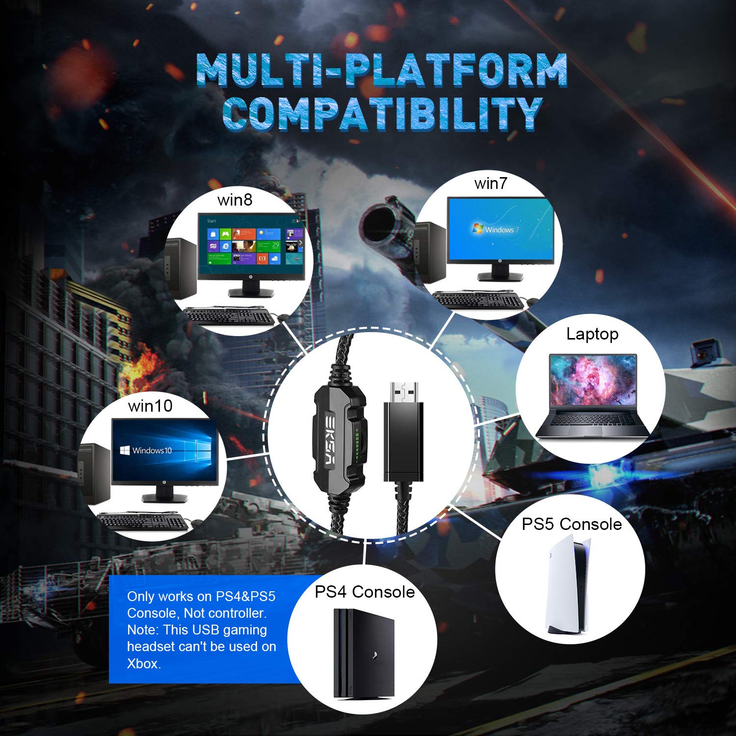 Eksa E1000 Usb Gaming Headset For Pc - Computer Headphones With Microphone/Mic Noise Cancelling, 7.1 Surround Sound Wired Headset &Amp; Rgb Light - Gaming Headphones For Ps4/Ps5 Console Laptop (Blue) - View 6