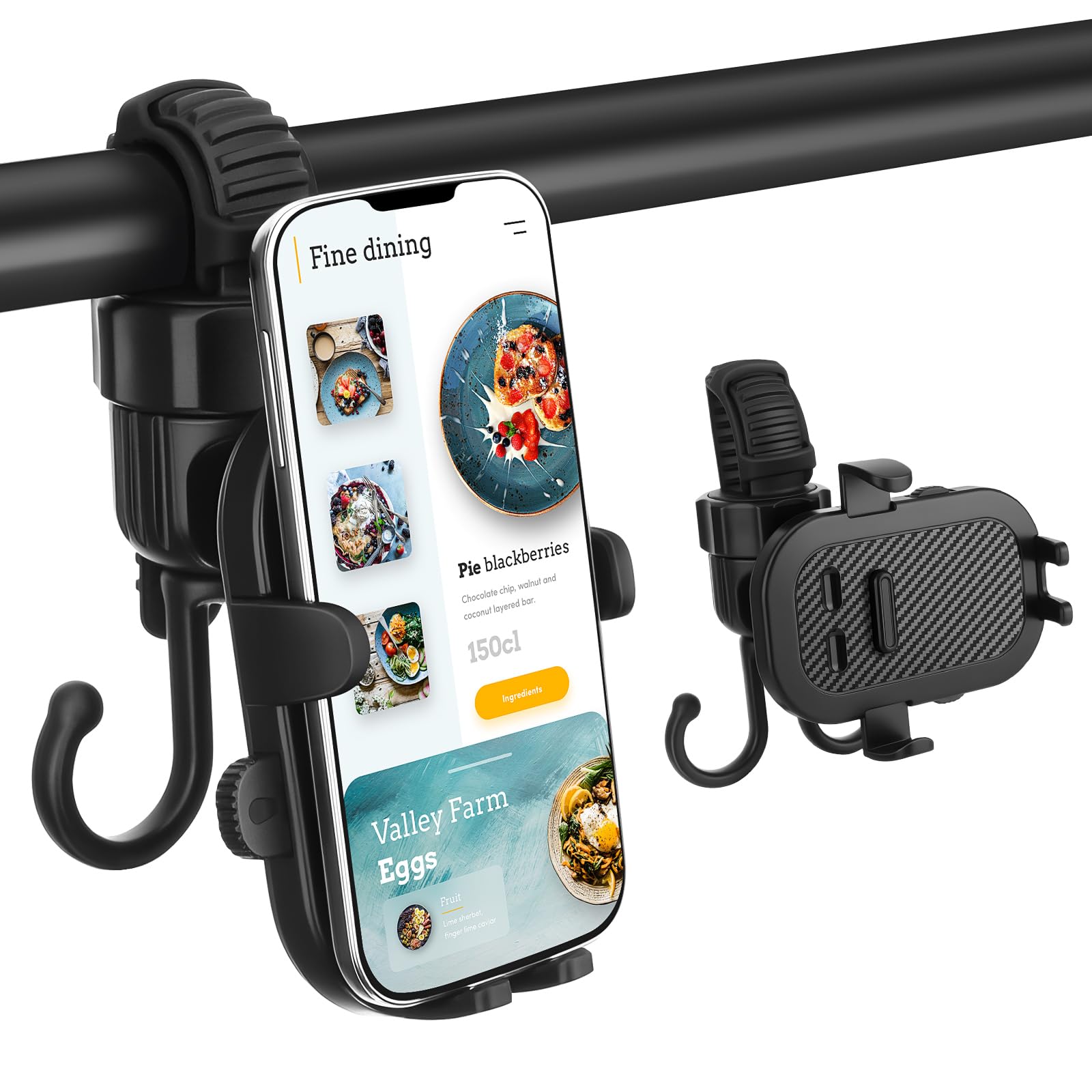 Photo 1 of 2 in 1 Baby Stroller Cell Phone Holder 360 Degree Rotate Universal Clamp Pram Wheelchair Accessory Mount Bracket Bicycle Phone Stander with Double Hook, Removable