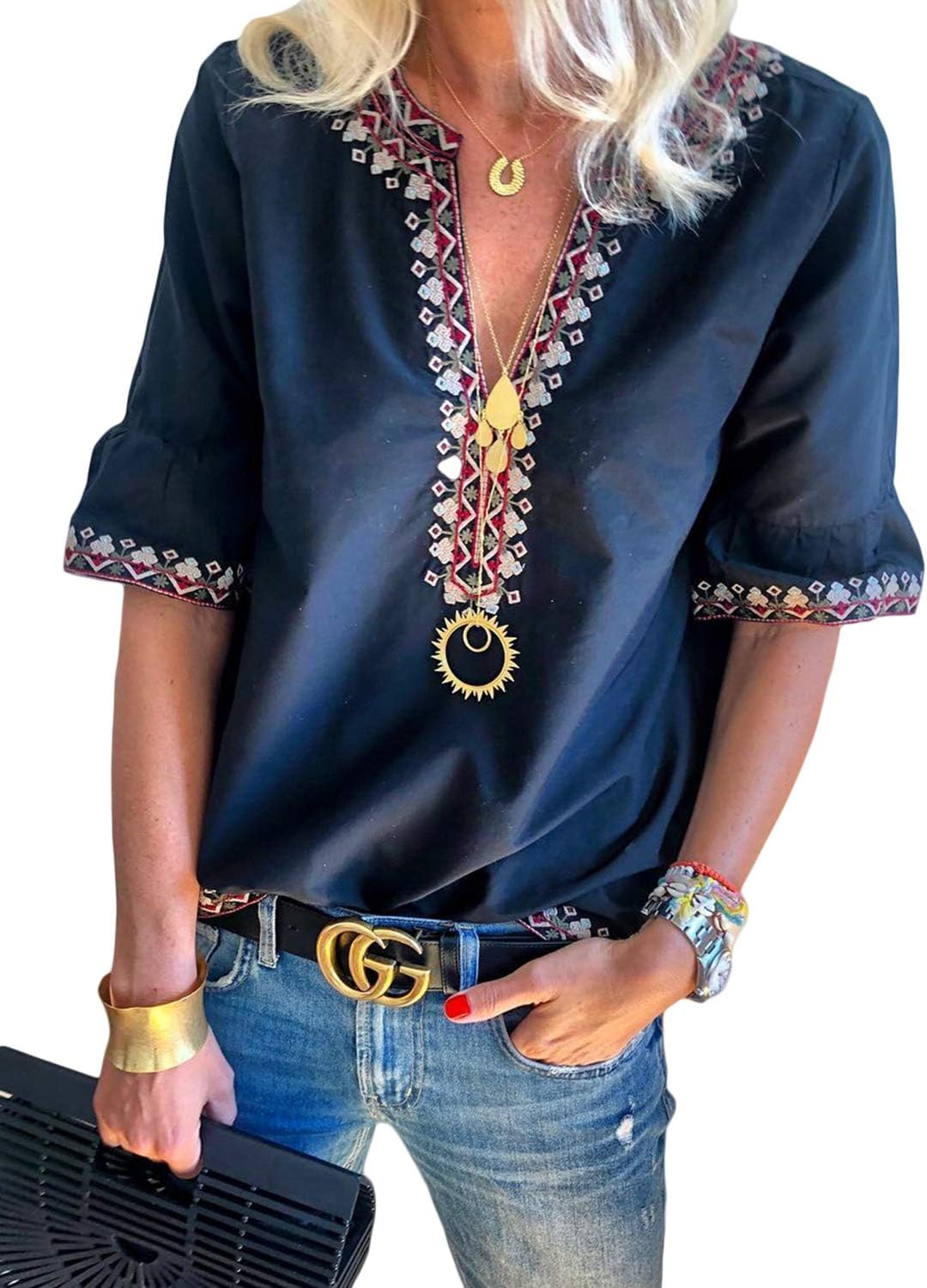 Women's Casual Boho Embroidered V Neck Short Sleeve Shirts Loose Blouse Tops