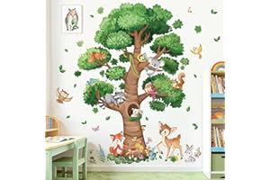 wondever Forest Animal Large Tree Wall Stickers Deer Fox Raccoon Squirrel Peel and Stick Wall Art Decals for Baby Nursery Kid