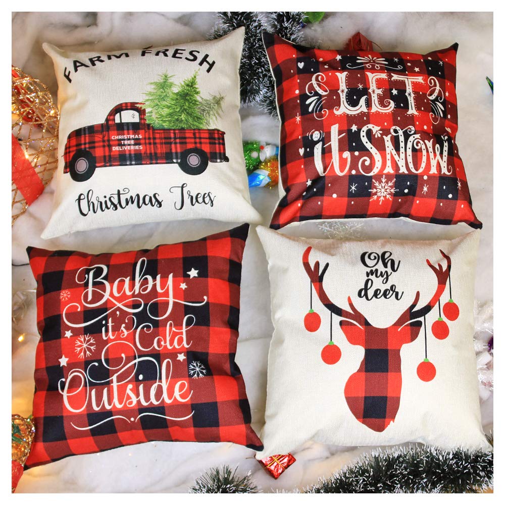 YEVIOR Klassisch Buffalo Plaid Kissenbezuge Weihnachten Dekorative Dekokissen Kissenhülle 4er Set, Christmas Motiv Schneeflocke Rentier Muster 45x45cm,Zierkissenbezüge für Sofa Zuhause Dekor,Leinen