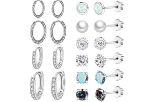 NUNPAG 10 Pairs Stainless Steel Stud Earrings Colorful CZ Stud Earrings 20G Stud Earings 10mm 12mm Hoop Earrings Cartilage Earrings For Women Men