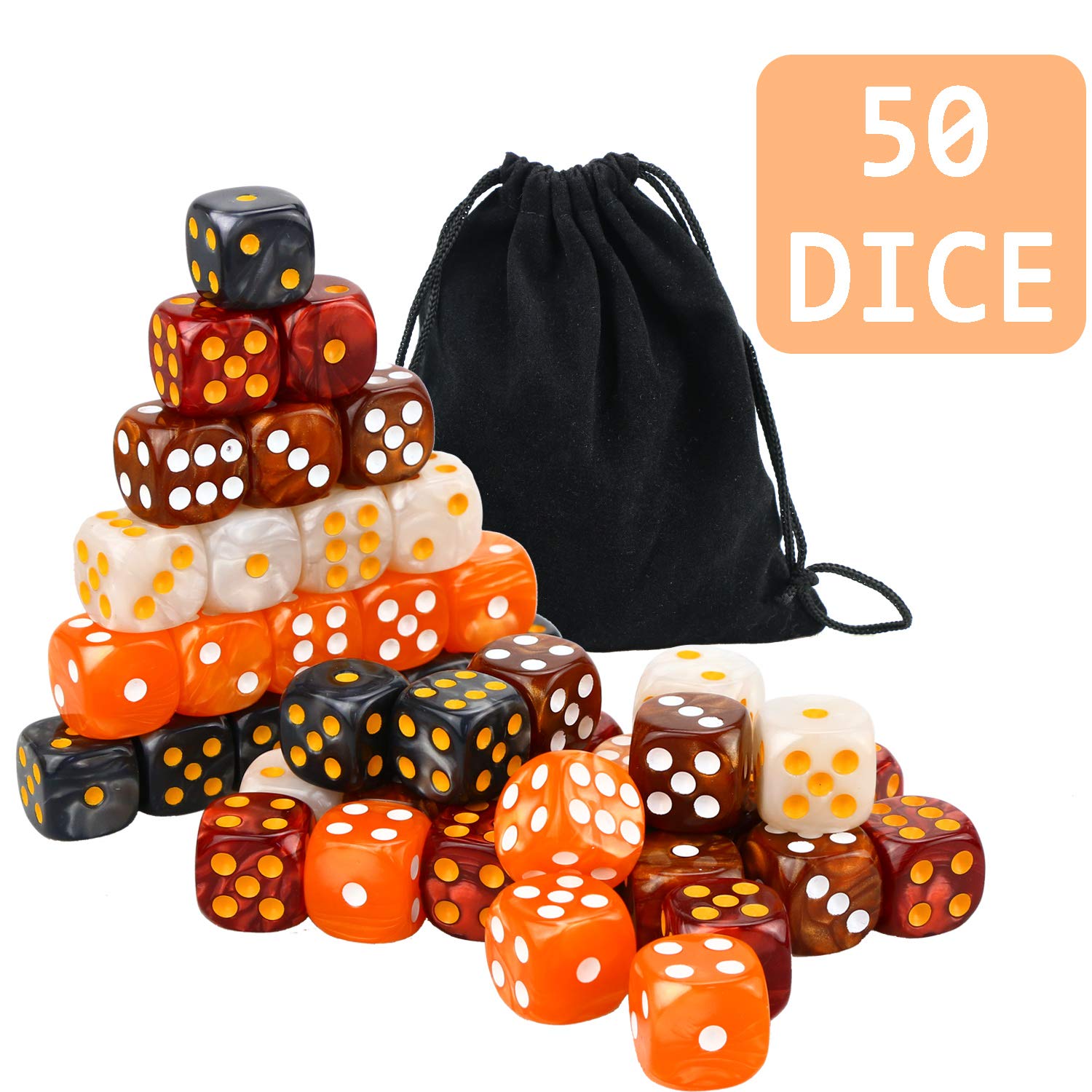 YOUSHARES 50 Pcs Multi-Color Dice Set - 16mm Acrylic, Pearl, Hexahedron D6 Dice - Perfect for Tenzi, Yahtzee, Farkle, Bunco