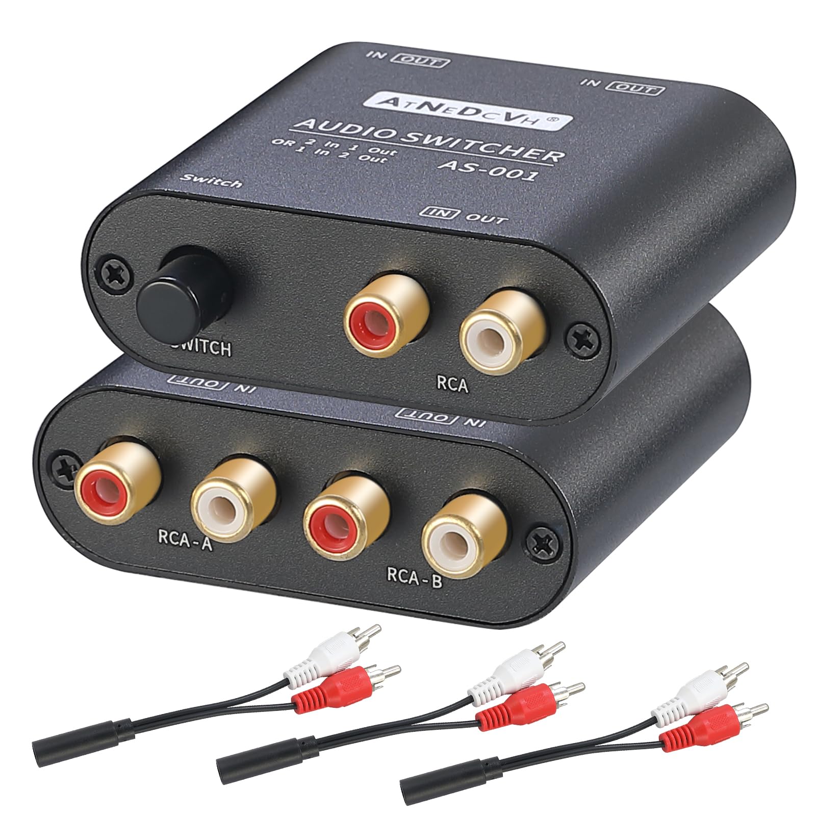 Photo 1 of AtNeDcVh RCA / 3.5mm Port 1 in 2 Out / 2 in 1 Out Bi-Directional Audio Switcher, 2-Way Stereo L/R Sound Channel Speaker Headphone Audio Switch Selector Splitter Box