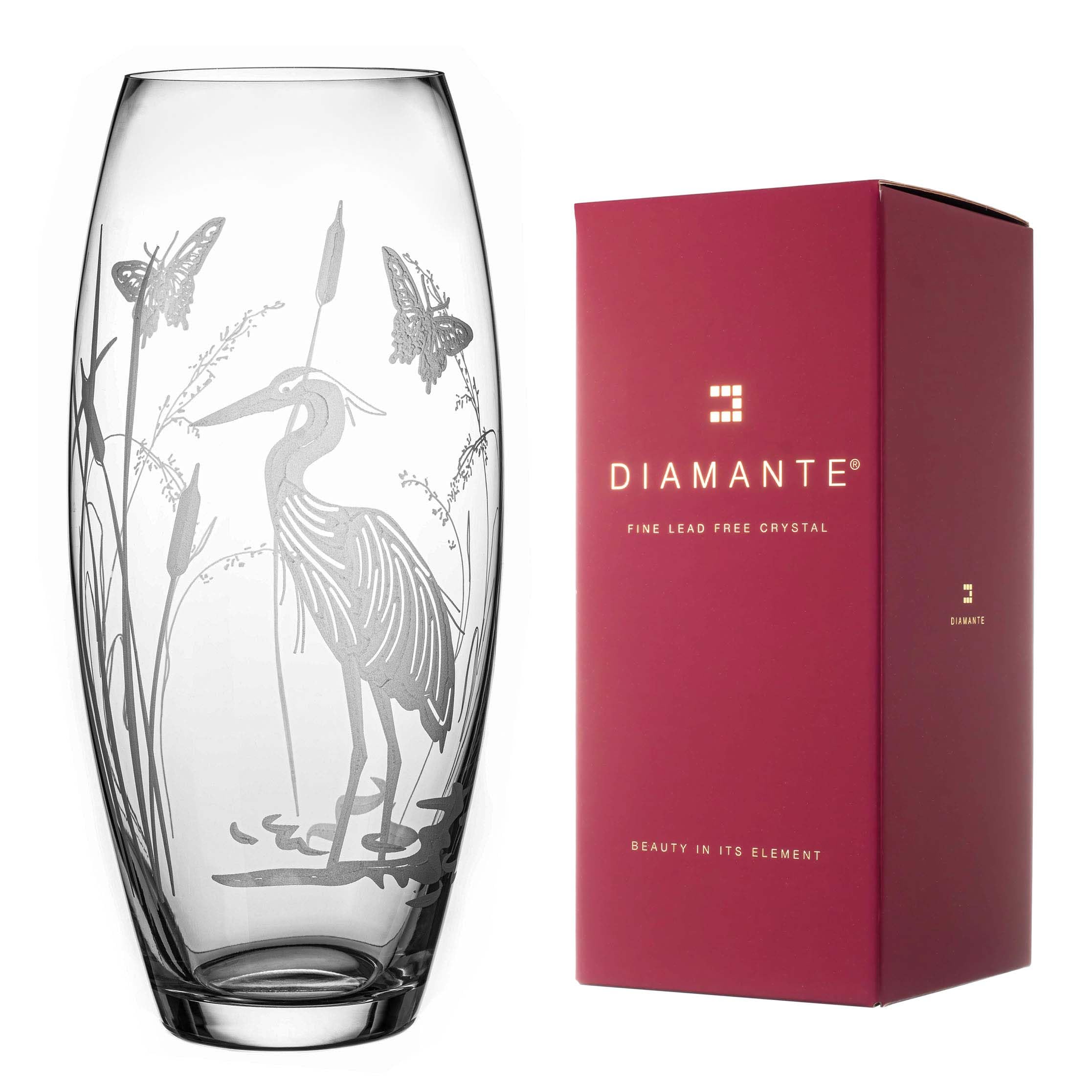 DIAMANTE Barrel Shaped Crystal Vase "Heron" - Etched Bird Decoration Wildlife Botanical Flower Vase - 30cm in gift box