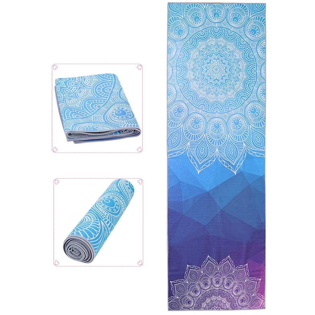 Printed Non-Slip Yoga Towel - Large Portable Mat Cover for Travel, Home, Gym - Soft Sweat Absorbent Fitness Pad for Hot Yoga, Pilates, Workout Exercise - 183 x 63cm (Navy Blue)