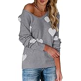 Tutorutor Womens Cute Love Heart Print Sweaters Oversized Off The Shoulder Loose Knitted Valentine Pullover Blouse Top