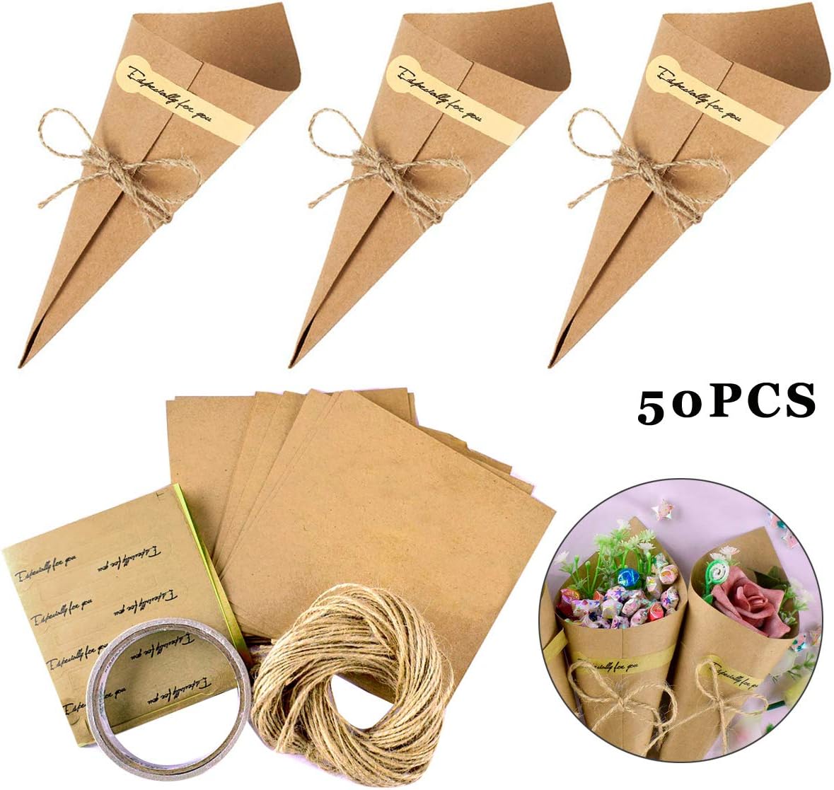 Brown 50pcs Confetti Cones Wedding Kraft Paper Cones Retro Flower Rice