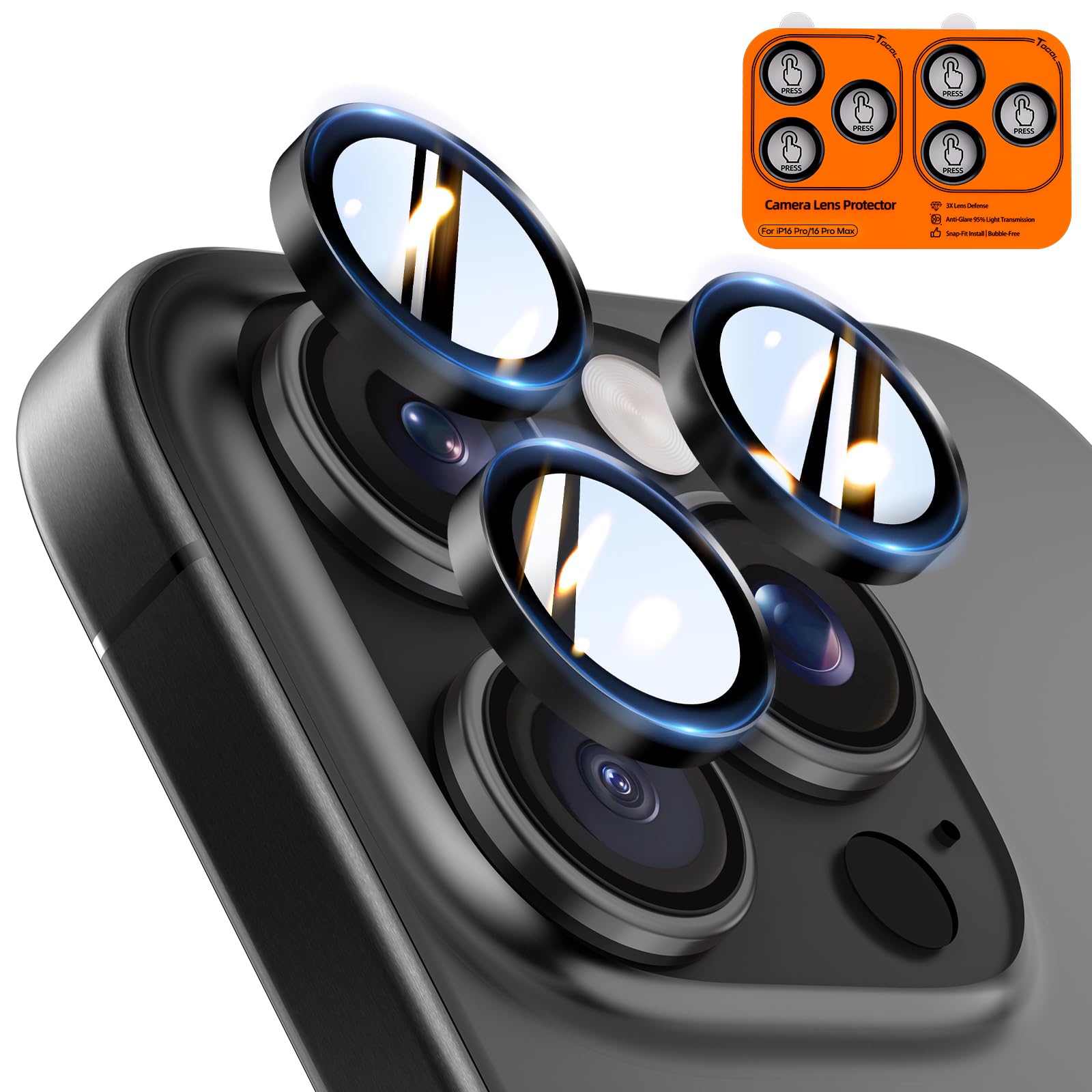 TOCOL for 2 Pack iPhone 16 Pro Max Camera Lens Protector/iPhone 16 Pro Camera Lens Protector Tempered Glass HD Individual Scratch Resistant Cover Accessories Case Friendly（Black）