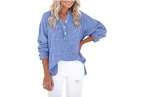 Women's Casual Tops Summer Boho Cotton Gauze Shirts Button V Neck Lightweight Long Sleeve Blouses Work Vacation Clothes