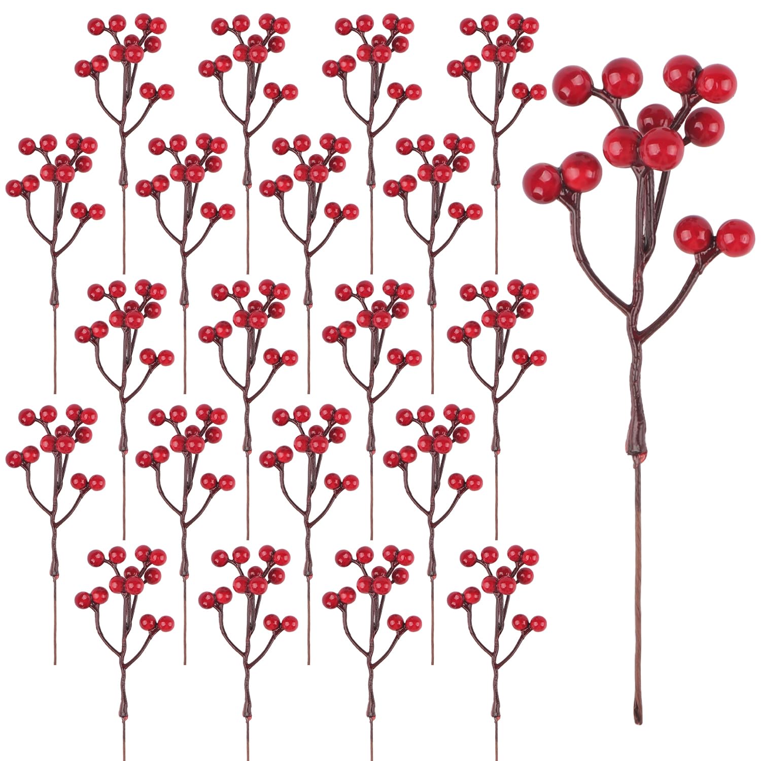 YiYa 24 Pcs Artificial Red Berries - Holly Berries Stems for Christmas Wreath & Tree Decorations