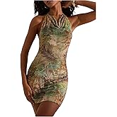OYOANGLE Women's Sleeveless Tropical Print Mini Dress Chain Backless Draped Halter Bodycon Dresses