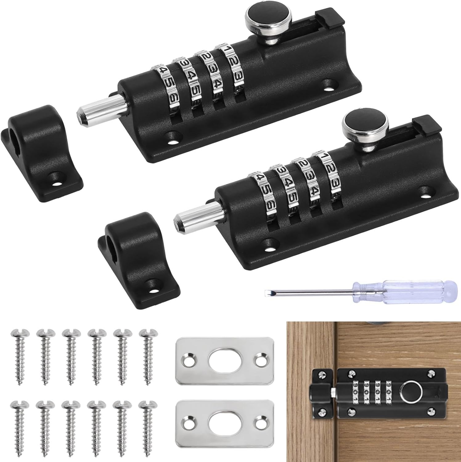 Combination Locking Bolt, 120mm Burglar Proof & Weatherproof Slide Latch Lock, 4 Digit Thicken Solid Zinc Alloy Gate Lock with Anti-Tamper Screws for Home, Garden, Gate, Childproofing, Black (2 Packs) — image 1
