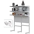 JWX Standing Pegboard Shelf Unit, White Gaming Home Office Garage Cabinets with Metal Pegboard and 15 Pieces Organizer Tool Holders