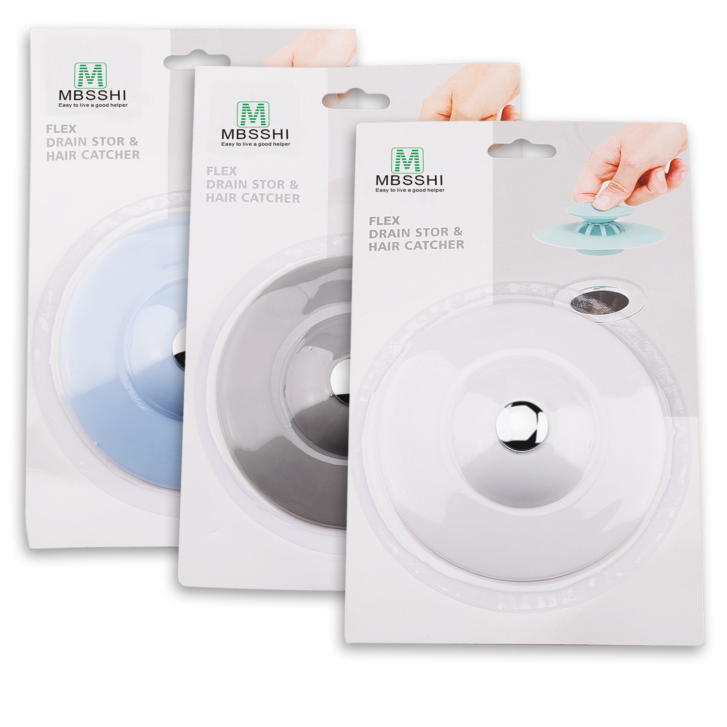 MBSSHI Multi-function Drain Stopper and Hair Catcher of 3 Colors and Strainer for Floor, Laundry, Kitchen and Bathroom (3pack)