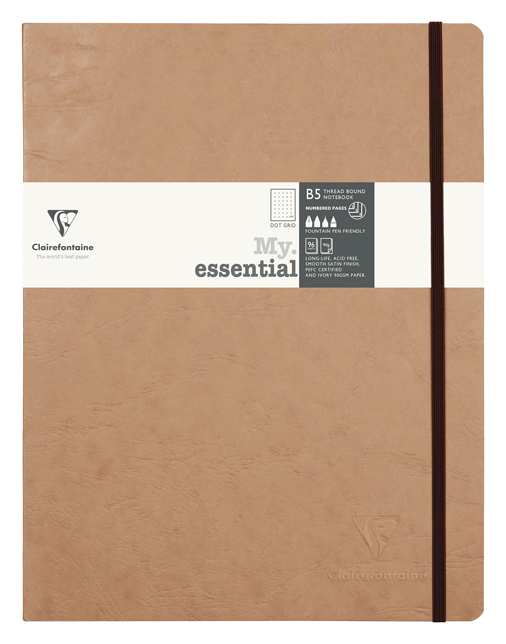 Clairefontaine 79443C Collection Age Bag Stitched Elastic Notebook MyEssential Tobacco - B5 19x25cm - 192 DOT Numbered Pages - 90g Ivory Paper - Leather Cover