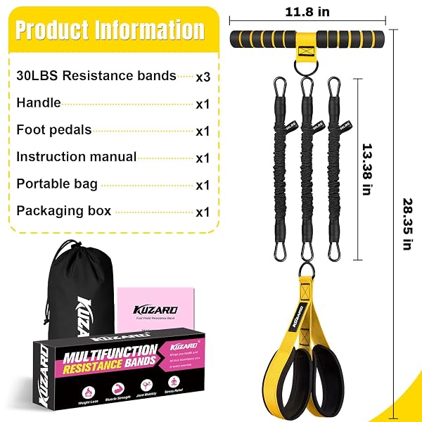 KUZARO UPGRADED MULTIFUNCTION PEDAL RESISTANCE BAND WITH HANDLE, 3 TUBE ADJUSTABLE RESISTANCE BANDS FOR ABDOMEN, WAIST, ARM, CORE/ABS, LEG WORKOUT – SIT UP EXERCISE EQUIPMENT FOR WOMEN