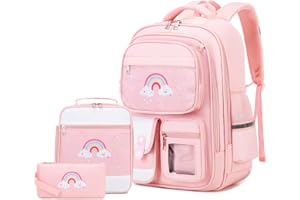 DIGOBAY 3PCS School Backpack for Girls, Kids Backpack for Girls with Lunch Box Pencil Case, Cute Kawaii Rainbow Backpack for Girls, Schoolbag Bookbag for Kindergarten Elementary Middle High School