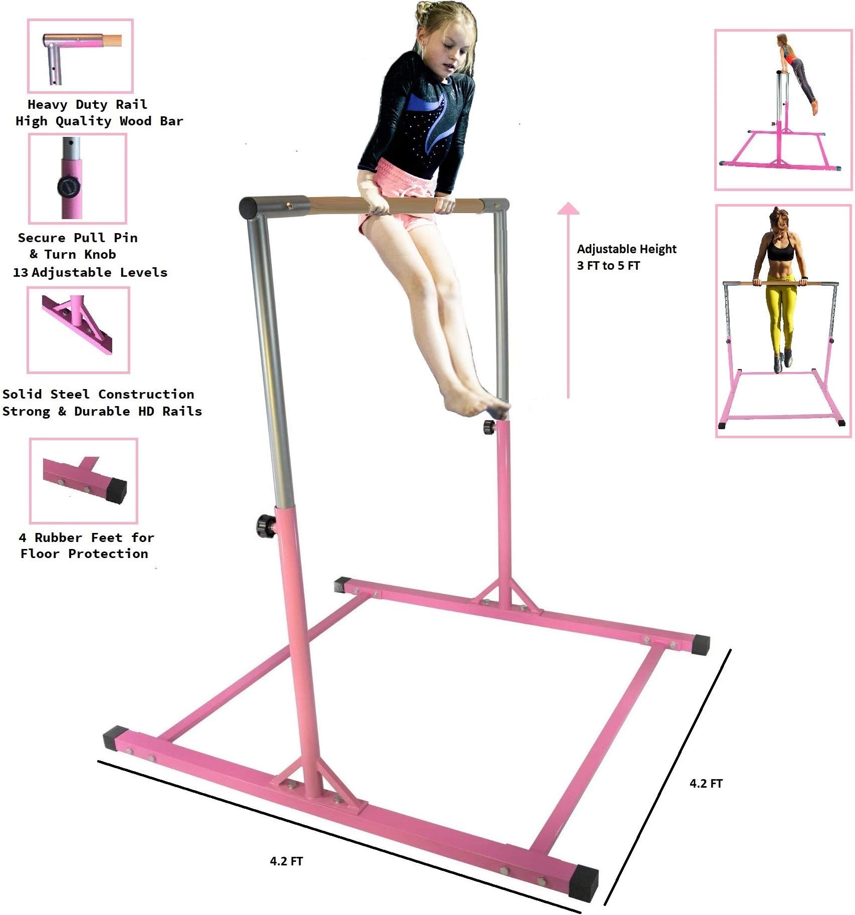 Athletic BarKids Gymnastics Training Bar Junior Horizontal Kip Bar 3 to 5 FT Training Jungle Gym Expandable Adjustable Height 3 to 5 FT Tumble Weight Capacity 300 Pounds (Pink)