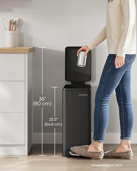 SONGMICS SLIM TRASH CAN, 13-GALLON (50 L) GARBAGE CAN FOR NARROW SPACES WITH SOFT-CLOSE LID, INNER BUCKET, AND STEP-ON PEDAL, STAINLESS STEEL, 15 TRASH BAGS INCLUDED, BLACK ULTB510B48