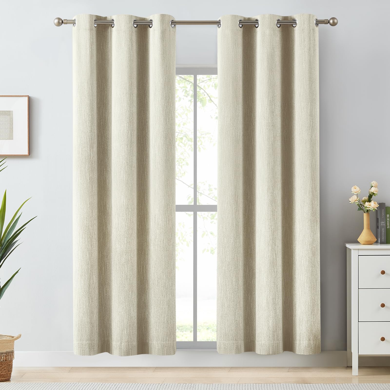 Melodieux Elegant Cotton Room Darkening Curtains for Living Room Bedroom Thermal Insulated Privacy Grommet Window Curtain Panels, 42 by 84 Inch, Natural Beige(1 Panel