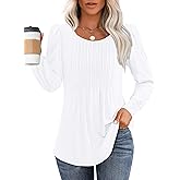 OFEEFAN Long Sleeve Shirts for Women Fall Tops Dressy Casual Blouses Pleated Scooped Neck Tunic Tops for Leggings