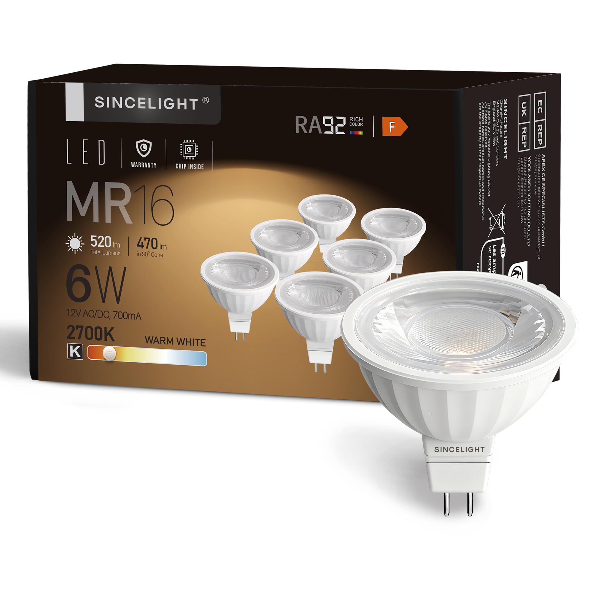 SINCELIGHT MR16 GU5.3 12V LED Spot Light Bulb Ø50mm Reflector, 6 Watt, 450 Lumens, 50W Halogen Equivalent, 2700K (Warm White), High Color Rending RA≈92, 38°Beam Angle, Pack of 6