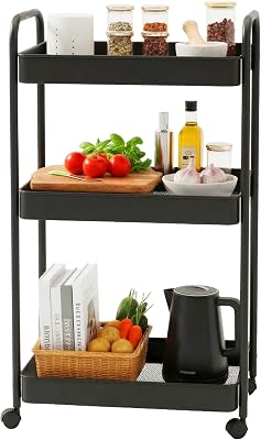 Carrinho de malha de 3 prateleiras, Serviço para Cozinha, Casa de Banho e Escritório, 78×43×30 cm Multiusos Compacto Preto metálico