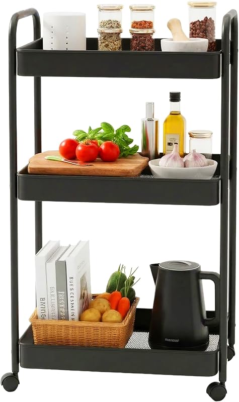 Carrinho de malha de 3 prateleiras, Serviço para Cozinha, Casa de Banho e Escritório, 78×43×30 cm Multiusos Compacto Preto metálico