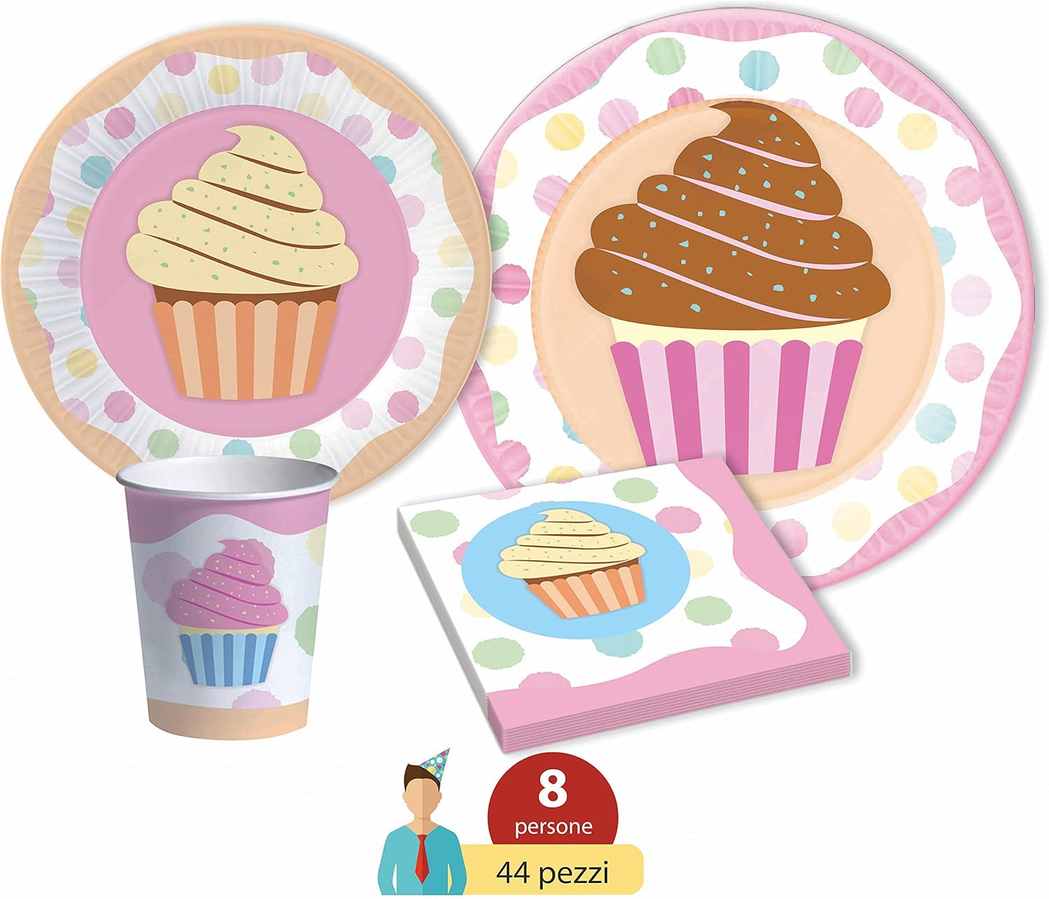 Party Tableware Set Cupcake for 8 people (44 pcs: 8 plates diameter 23cm, 8 plates diameter 18cm, 8 cups 200ml - Image 3