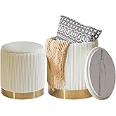 IBUYKE Round Storage Ottoman Set of 2 Ottoman for Dorm Vanity Stool with Storage Velvet FootStools End Table Boucle Ottoman for Home Organization White UWBD016W