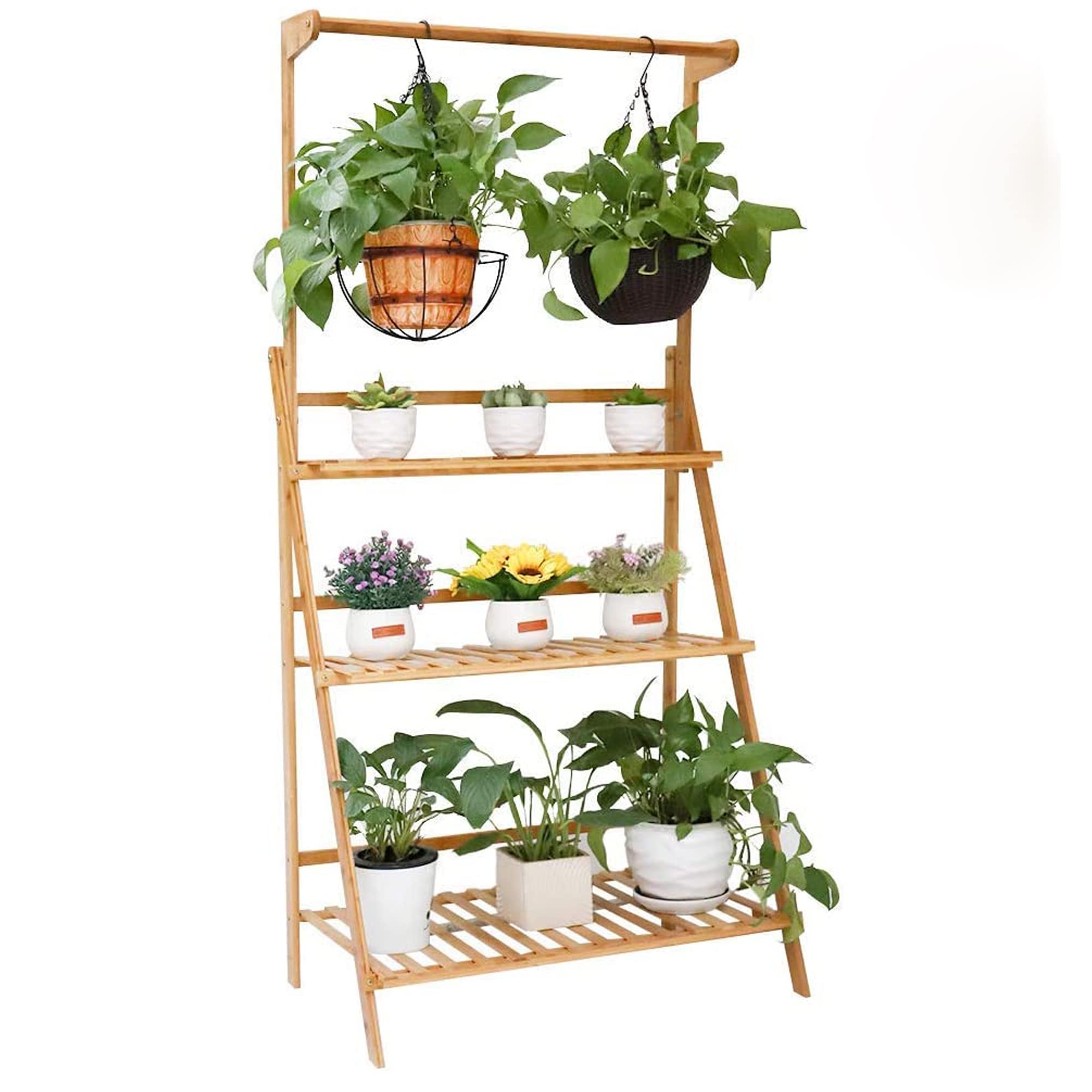 unho 3 Tier Plant Shelf Stand Hanging Bamboo Plant Stand Display Shelf Flower Pot Organizer Folding Storage Shelf Rack 70CM
