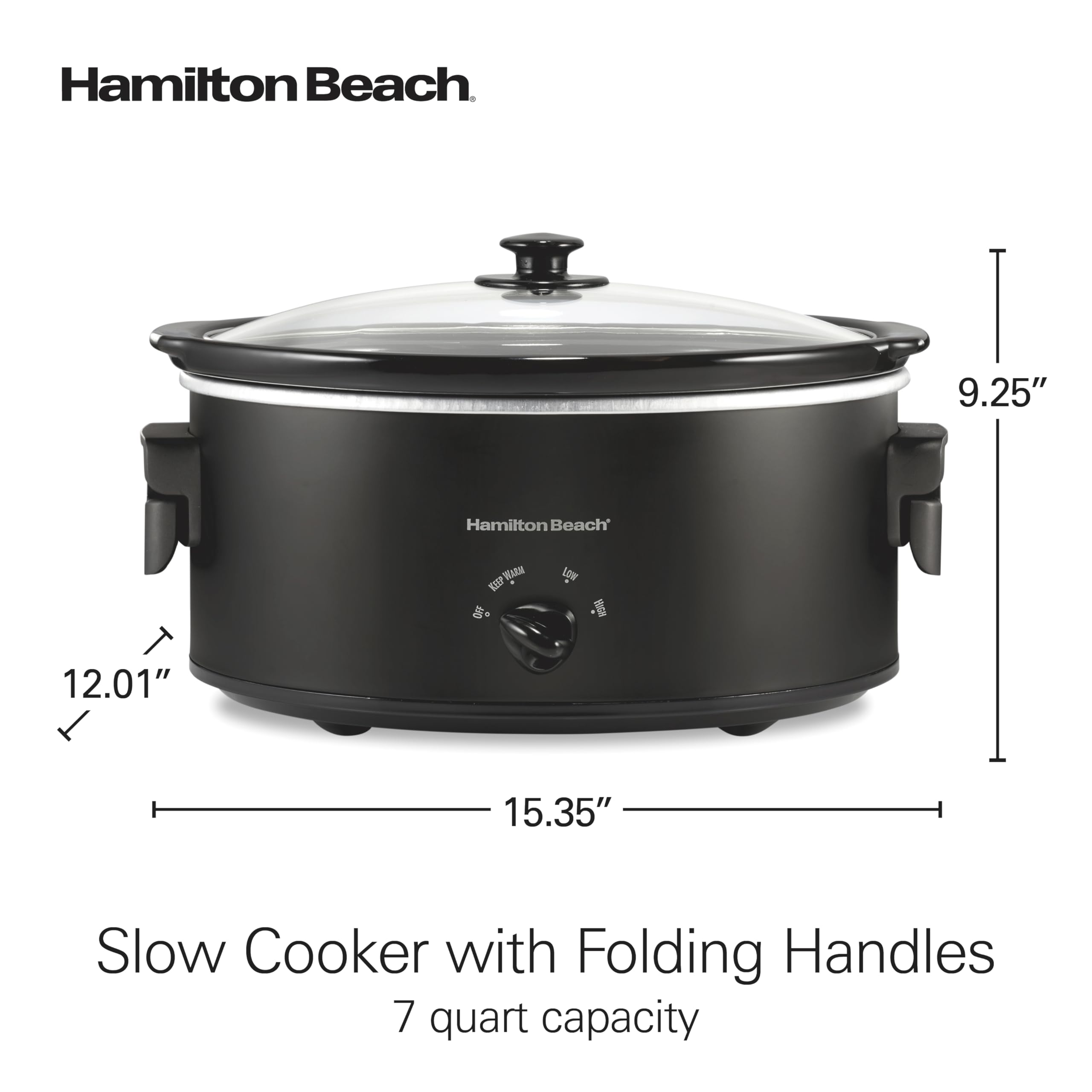 Hamilton Beach 7 Quart Slow Cooker with Space-Saving Folding Handles, 3 Heat Settings, Dishwasher Safe Stoneware Crock and Glass Lid, Black (33174)